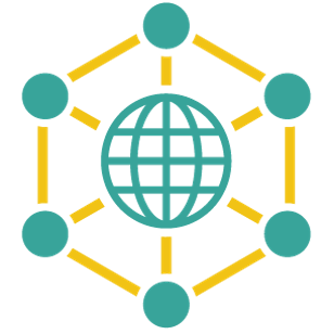 A globe is in the center, with straight lines coming out of it and dots at the end of the lines, forming a hexagon.