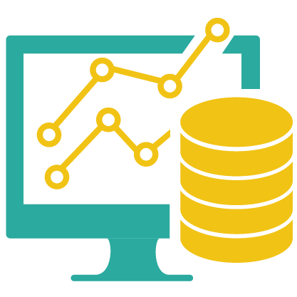 A computer with a database symbol and two line graphs trending up.