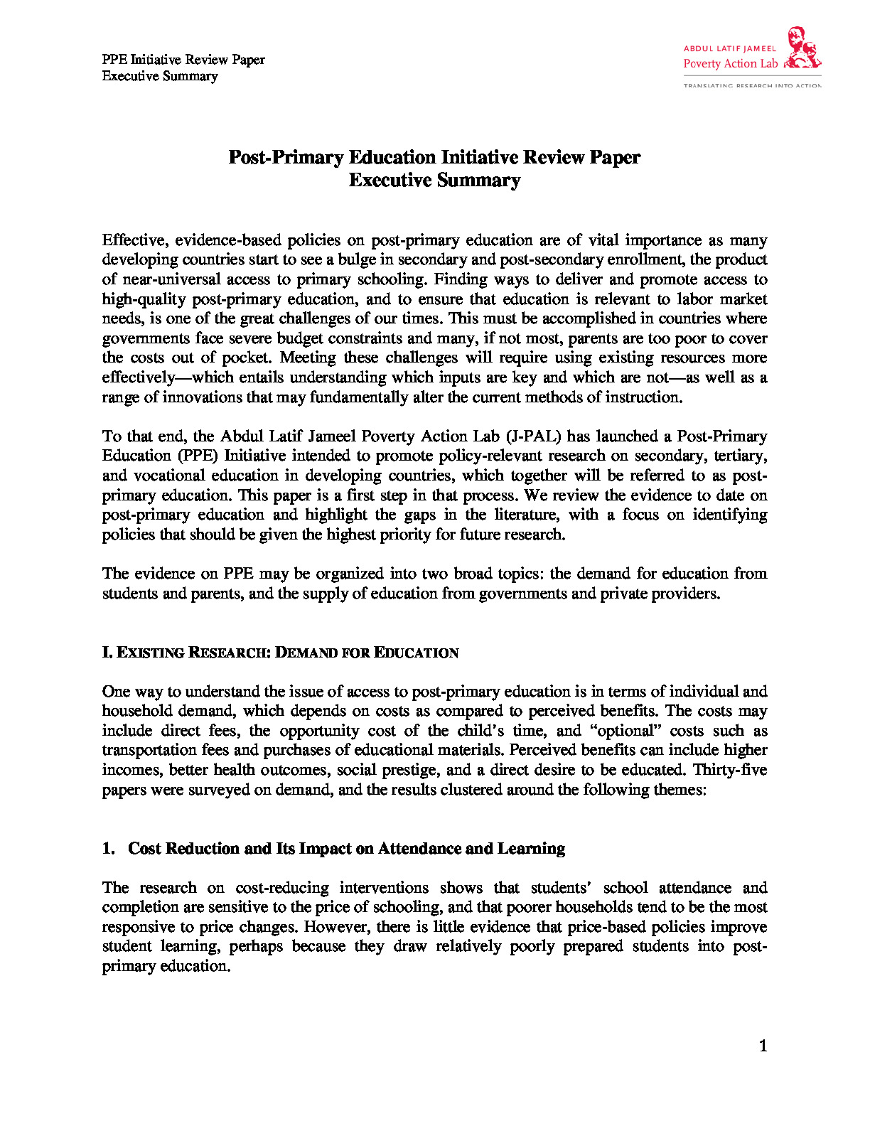 Post-Primary Education Initiative Review Paper Executive Summary