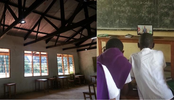 On the left, lights are installed in a classroom; on the right, students look at a screen at the front of the classroom delivering educational instruction.