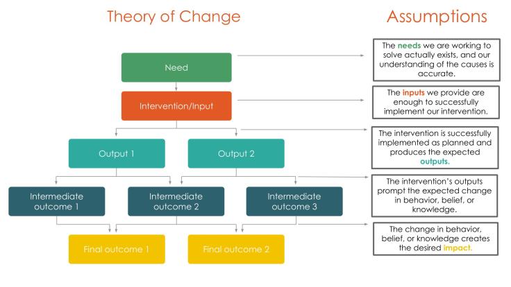 Flow chart comparing the Theory of Chnage to assumptions.