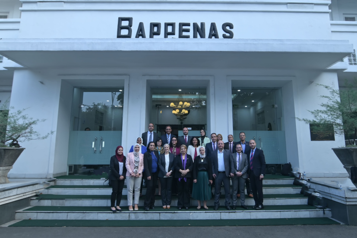 A group of delegates stand on a stairwell in front of BAPPENAS offices. 