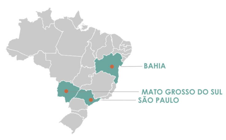 Image of Brazil highlighting three states: Bahia, Mato Grosso do Sul and Sao Paulo