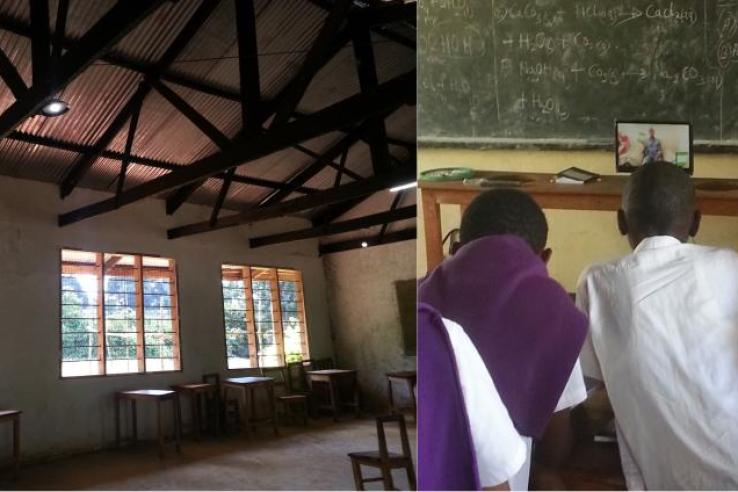 On the left, lights are installed in a classroom; on the right, students look at a screen at the front of the classroom delivering educational instruction.