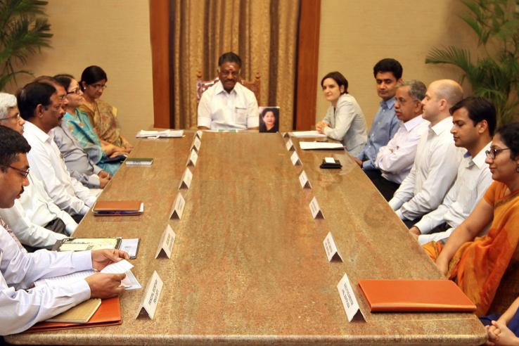  J-PAL staff and members of the government of Tamil Nadu sign an MoU