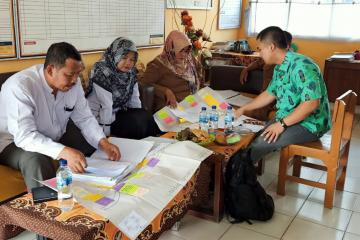 Patrya Pratama sits across from three people, looking at large posters on a table between them.