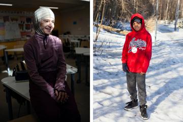 This is an image of a photo collage, with two photos side by side. In the left photo, a girl stands in purple shirt and white head scarf, smiling and looking away from the camera. In the right photo, a boy stands outside in snow wearing jeans and a red sweatshirt, looking at the camera and smiling.