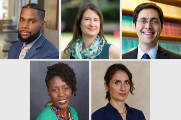 Five headshots of the blog authors. Top row starting from the left: Damon Jones, Laura Feeney, Matt Notowidigdo. Bottom row starting from the left: Shanyce Campbell, Sule Alan.