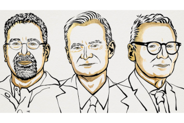 Three Nobel laureates are pictured as sketched illustrations.